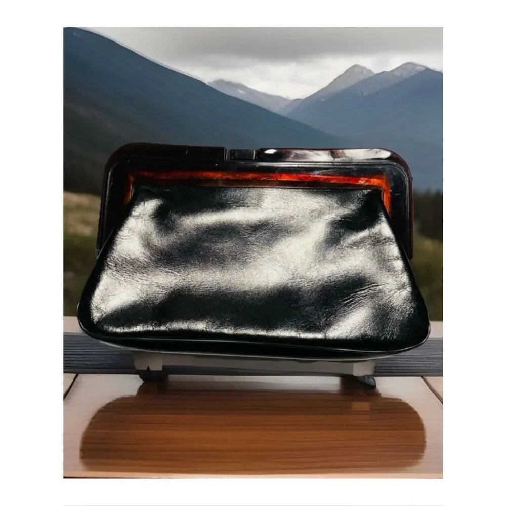 Vintage 70’s Margolm Patent Leather Clutch with Tortoiseshell Frame ~ Black